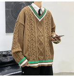 Bonsir Winter V-neck Sweater Men New Patchwork Color Knitted Sweater Pullover Harajuku Couple Streetwear Loose Knitwear Oversized 2XL