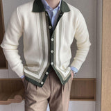 Bonsir Vintage Striped Jacquard Sweater Cardigans Men  Autumn Fashion Button-down Turn-down Collar Knit Shirts Casual Slim Sweaters
