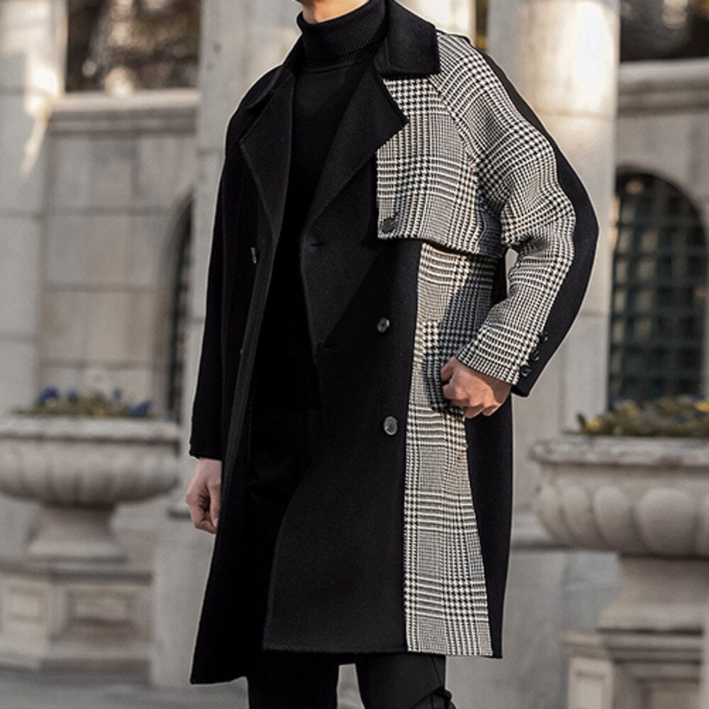 Bonsir Double Sided Cashmere Coat Men's Thousand Bird Lattice Stitched Winter Coat Medium Long Men's Wool Woolen Cloth Thickened Trench