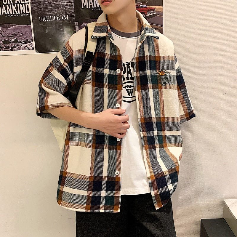 Bonsir New 100% Cotton Men Casual Plaid Shirt Short Sleeved Korean Style Fashion Striped Loose Harajuku Clothes Streetwear 2XL 3XL