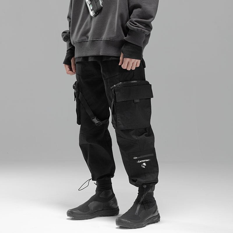 Bonsir Men's Drawstring Pants Side Pockets Loose Techwear Trousers Mechanical Pocket Ribbon Jogger Pants