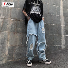 Bonsir High Street Dark Personality Destroys Raw Edge Fake Two Trendy Jeans Ripped Harajuku Punk Wide-leg Straight Denim Pants Black