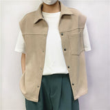 Bonsir Cotton Khaki/White Lapel Vest Men Fashion Spring/Summer Casual Pocket Vest Men Korean Loose Sleeveless Jacket Mens Vest M-XL
