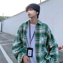 Bonsir Autumn Thick Woolen Shirt Men Fashion Retro Casual Oversized Plaid Shirts Mens Korean Blue/Green Loose Long-sleeved Shirt Men