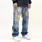 Bonsir High Street Color Stars Full Print Washed Jeans Pants Men's Straight Pocket Retro Patchwork Baggy Casual Denim Trousers Oversize