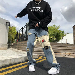 Bonsir Vintage Patchwork Hip Hop Mens Pants American Retro Designer Ripped Jeans Y2k Streetwear Loose Male Daily Casual Baggy Trousers