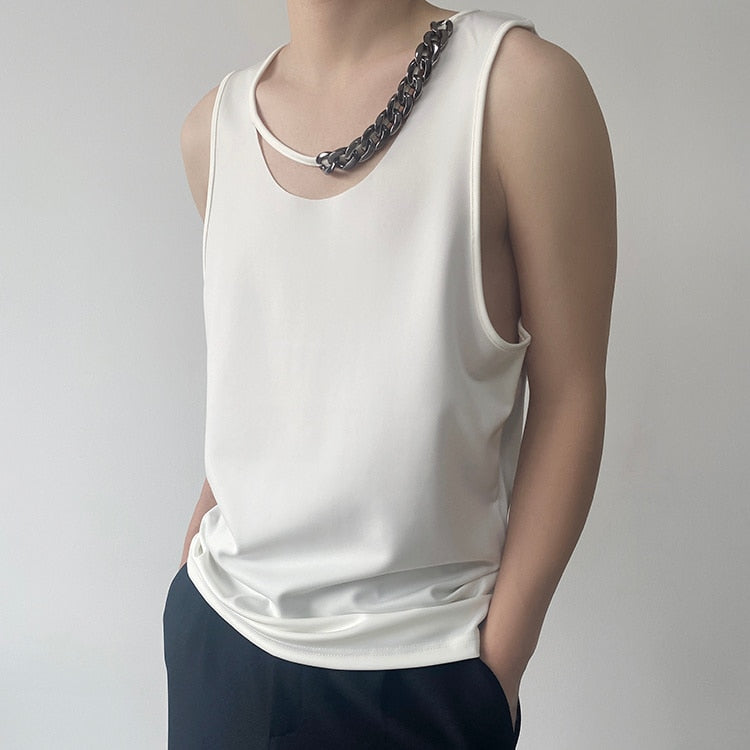 Bonsir Spring Summer Round Collar Chain Casual Sleeveless Vest Korean Style Personality Design Fashion Slim Top Tank Top