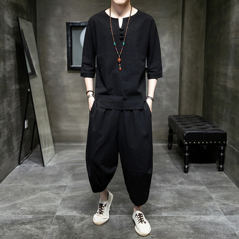 Bonsir Japanese Style Suits Kimono Short-Sleeved T-shirt Pants Two Piece Men Tops Trousers Male Japan Harajuku Yukata Cardigan Costume