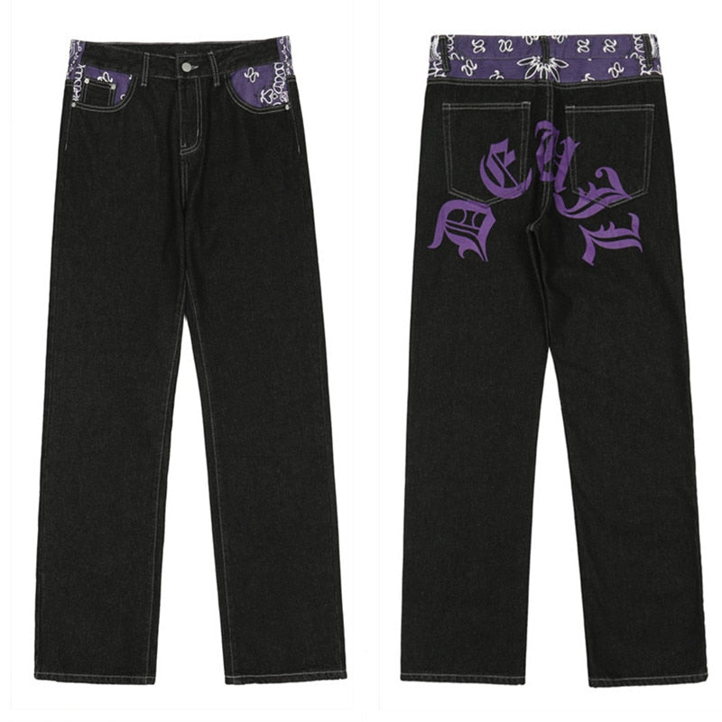 Bonsir Men's Y2k Jeans Cashew Flowers Purple Streetwear Casual