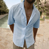 Bonsir Solid Color Slim-fit Lapel Short-sleeved Shirt Top Men's Summer Casual Vacation Style Single-breasted Hollow Lapel Hollow Top