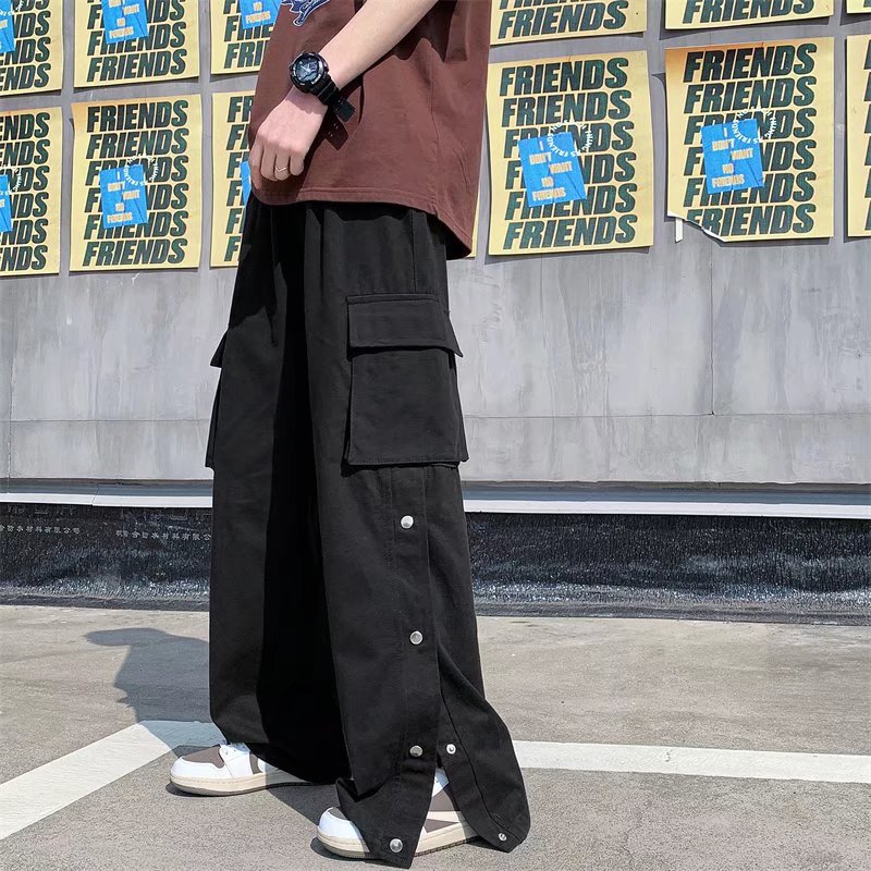 Bonsir  New Men Cotton Cargo Pants Harajuku Style Straight Casual Pants for Men  Solid Big Pockets Loose Wide Leg Design Trousers