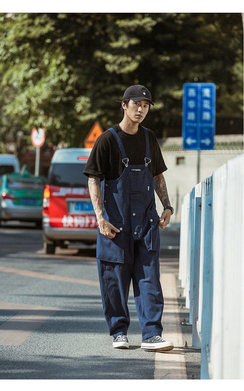 Bonsir Men's Retro Designer Overalls Workwear Sling Korean Loose Wide Leg Jumpsuit Streetwear Solid Color Men's Clothing