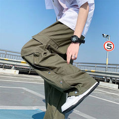 Bonsir  New Men Cotton Cargo Pants Harajuku Style Straight Casual Pants for Men  Solid Big Pockets Loose Wide Leg Design Trousers