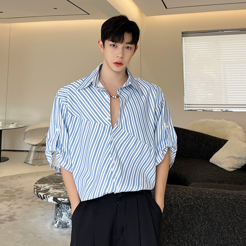 Bonsir Korean Style Irregular Striped Patchwork Shirts Men's Tide Fashion Short Sleeve Lapel Tops Male New Versatile