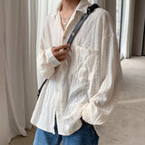 Bonsir Shirts for men Apricot Handsome Lapel Men Blouse Vacation Hollow Out Sexy Fashion Men Clothing Male Mesh Long-sleeved Shirts