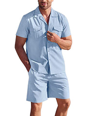 Bonsir Men's Loose Casual Cotton Linen Short Sleeve Shirt + Shorts