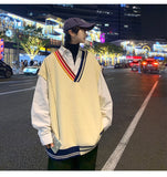 Bonsir Oversize Sweater Vests Men Patchwork V-neck Striped Big Size 5XL Preppy Style Couple Soft Knitwear Leisure Sleeveless Jumpers