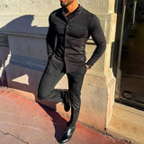 Bonsir Leisure Stand Collar Button-up Shirt Mens Solid Color Long Sleeve Slim Casual Shirts Spring Summer Men Fashion Tops Clothes
