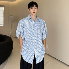 Bonsir Korean Style Irregular Striped Patchwork Shirts Men's Tide Fashion Short Sleeve Lapel Tops Male New Versatile