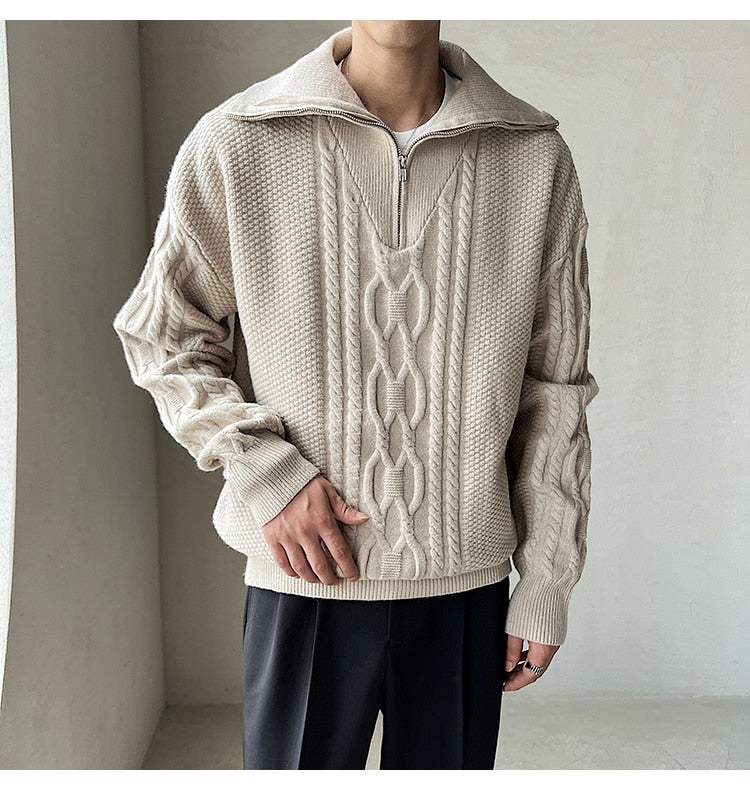 Bonsir High Quality Large Lapel Pullover Sweater Black White Coarse Zipper Knitted Sweater For Men Pull Homme Men Winter Sweater Brand