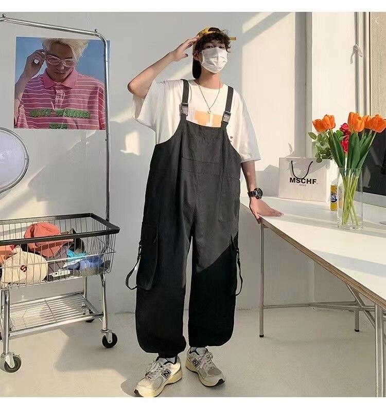 Bonsir  Men's Fashion Oversized Overalls College Style Salopettes Romper Jumpsuit Grey/black Color Casual Pants Loose Work Trousers