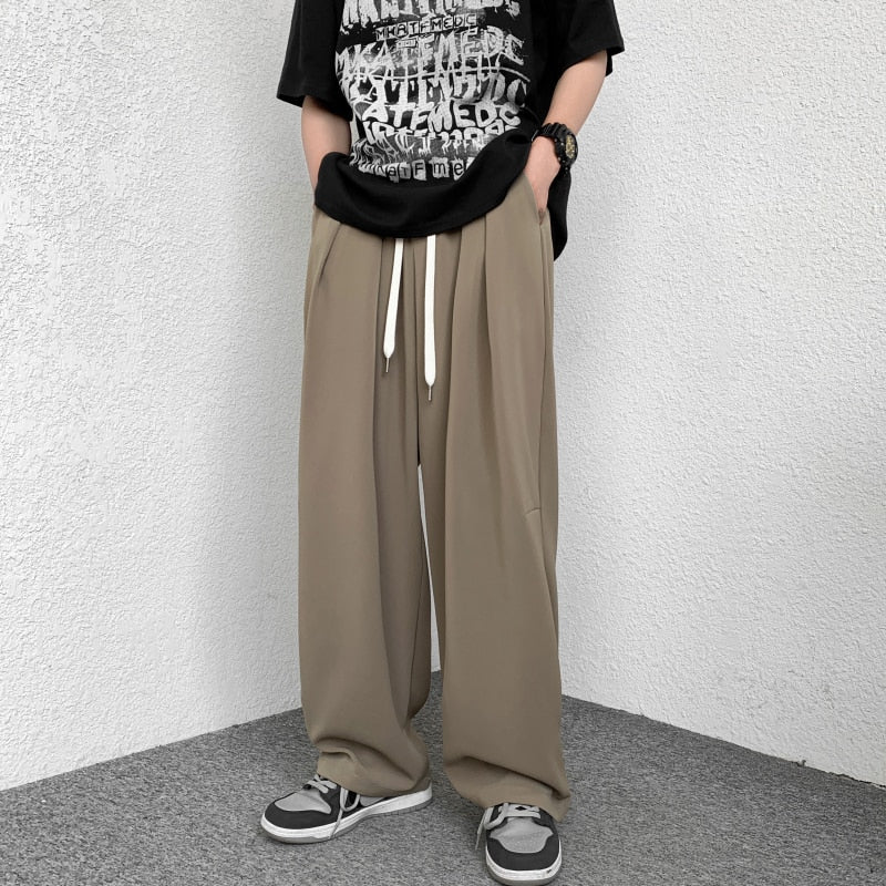 Bonsir Korean-style Baggy Casual Wide-leg Pants Male Summer Ice Silk Thin Fashion Loose Drawstring Harem Pants Streetwear Trousers