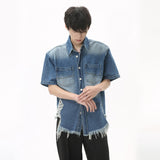 Bonsir High Street Men's Fashion Burrs Hole Denim Shirts Vintage Niche Desian Male Casual Short Sleeve Lapel Cardigan Coat