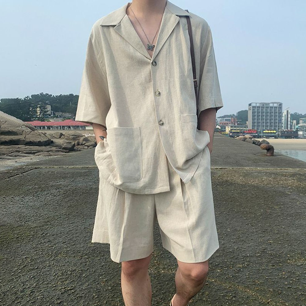 Bonsir Men's Vacation Casual Suit Cotton Linen Short Sleeve Suit Collar Shirt Top Loose Wide Leg Shorts Summer Trend Men Two Pieces Set