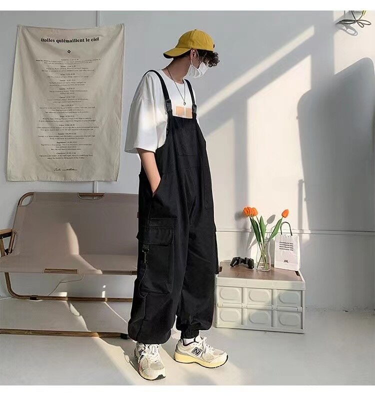 Bonsir  Men's Fashion Oversized Overalls College Style Salopettes Romper Jumpsuit Grey/black Color Casual Pants Loose Work Trousers