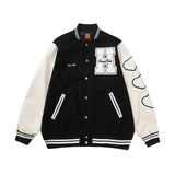 Bonsir Flocking Letter Embroidery Patchwork Human Made Wool Coat for Male and Female Retro Leather Sleeve Oversized Autumn Jackets