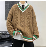 Bonsir Winter V-neck Sweater Men New Patchwork Color Knitted Sweater Pullover Harajuku Couple Streetwear Loose Knitwear Oversized 2XL
