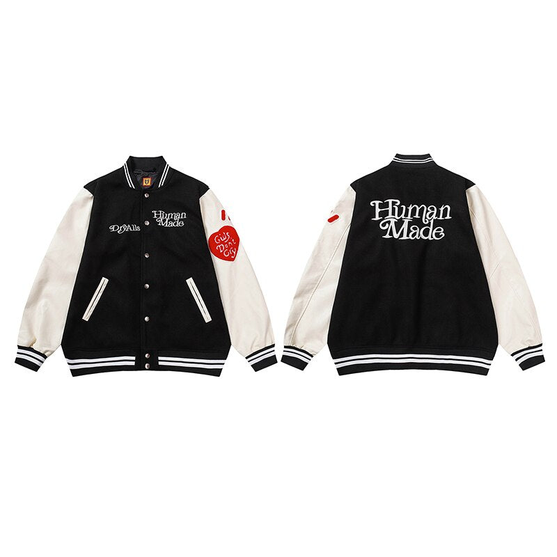 Bonsir Girls Don't Cry Letter Flocking Contrast Color Baseball Jackets for Men and Women Retro Stand Pu Leather Sleeve Winter Coat