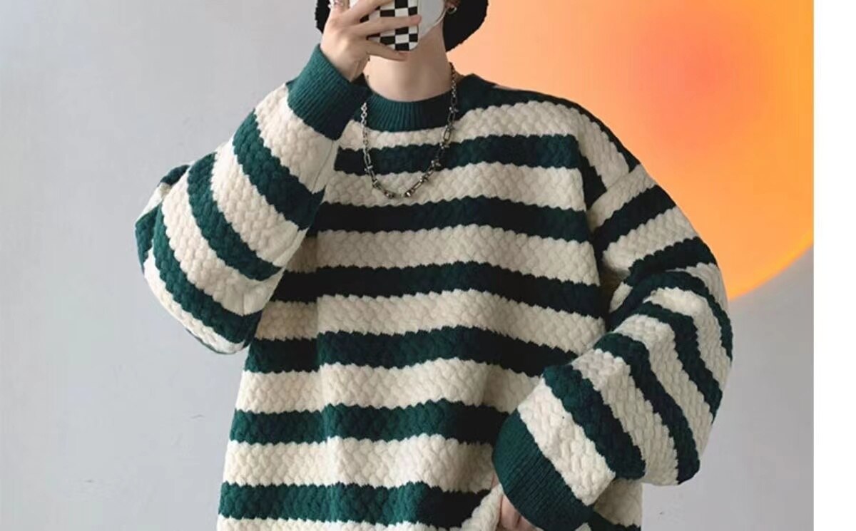 Bonsir Winter Men's Stripe Printing Coats Round Neck Wool Sweater Retro Loose Pullover Fashion Trend Thickened Knitting M-2XL