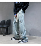 Bonsir Washed Blue Mopping Jeans Men Hiphop Casual Loose Straight Wide Leg Printed Cross Overalls Casual Denim Trousers Four Seasons