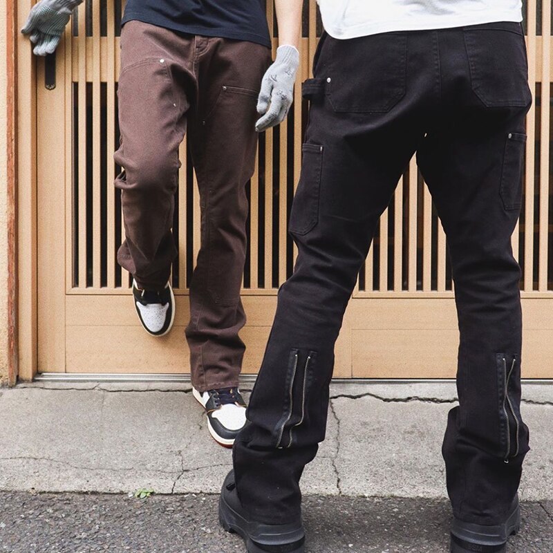 New Fashion Vintage Brown Baggy Men Cargo Flare Jeans Pants High