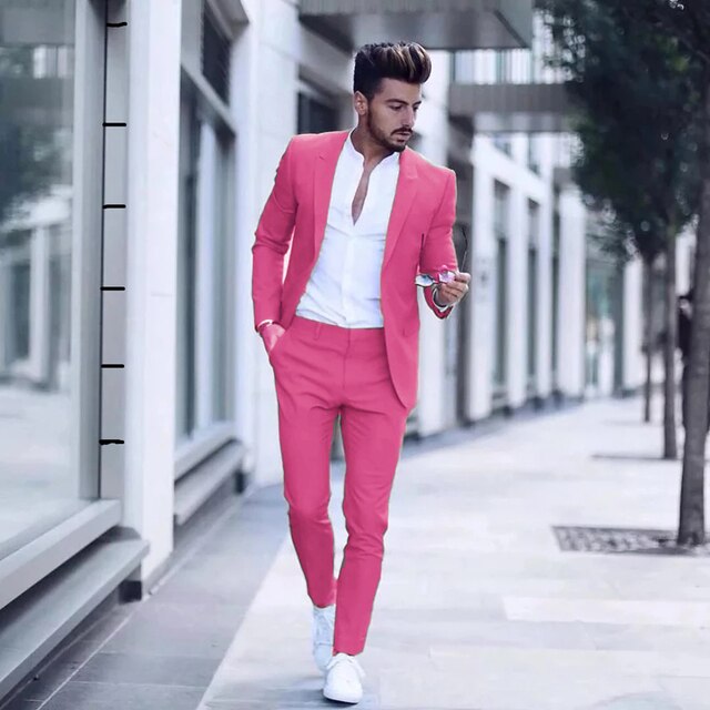 Bonsir Latest Design Mens Luxurious Business Men's Suit for Wedding Party Tuxedos Slim Fit Peak Lapel Pink Suits Male(Jacket+Pants)