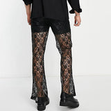 Bonsir Sexy Hollow Out Lace Mesh Mens Pants Spring Autumn Fashion Solid Color Loose Straight Trouser Men Trend Party Clubwear Long Pant