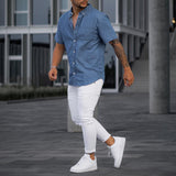 Bonsir Fashion Loose Solid Color Shirt Mens Casual Short Sleeve Turn-down Collar Buttoned Shirts Spring Summer Leisure Shirts Men