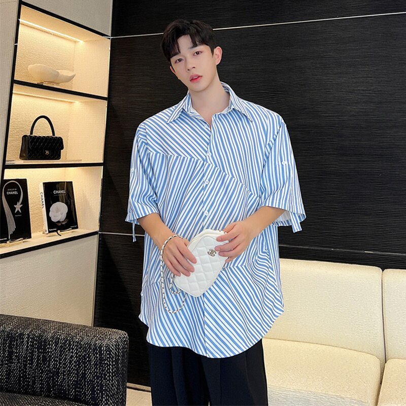 Bonsir Korean Style Irregular Striped Patchwork Shirts Men's Tide Fashion Short Sleeve Lapel Tops Male New Versatile