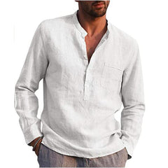 Bonsir Cotton Linen Hot Sale Men's Long-Sleeved Shirts Summer Solid Color  Stand-Up Collar Casual Beach Style Plus Size