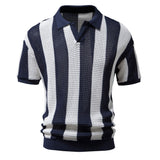 Bonsir Summer Net Shirt Hollow Short Sleeve Fishing Net Shirt Fashion Men's Striped Polo Shirt
