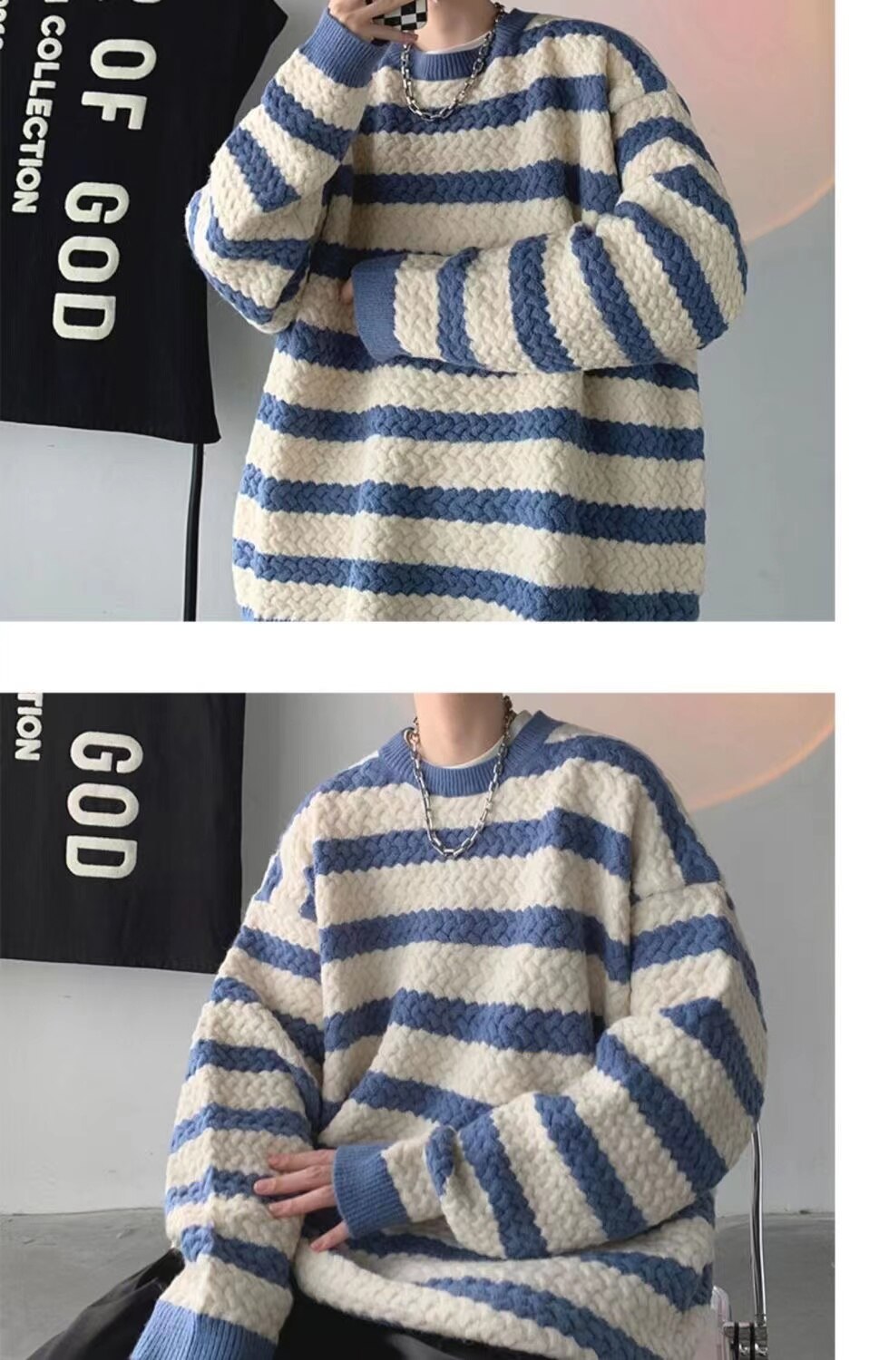 Bonsir Winter Men's Stripe Printing Coats Round Neck Wool Sweater Retro Loose Pullover Fashion Trend Thickened Knitting M-2XL