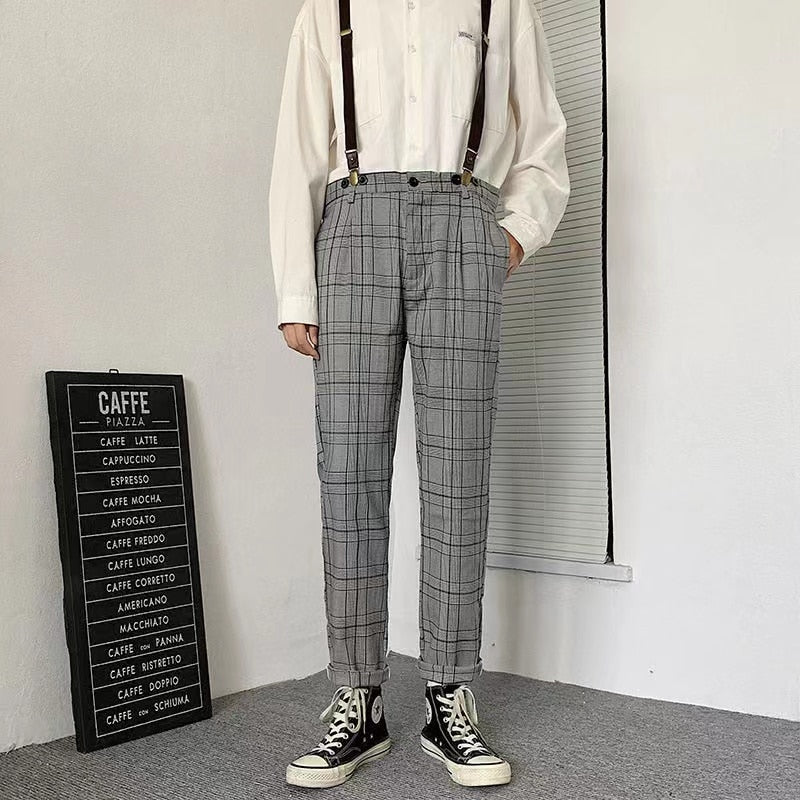 Bonsir Men's Fashion Trend Straight Casual Pants Retro Work Suspenders Detachable Korean Plaid Printing Romper Jumpsuit S-2XL