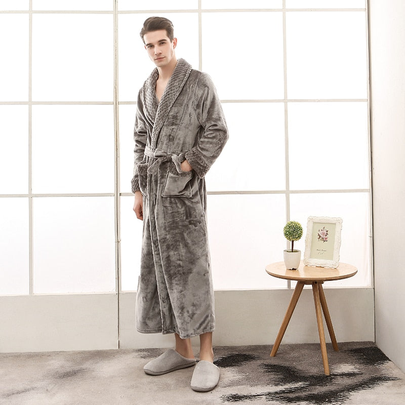 Bonsir Men Winter Plus Size Long Warm Coral Fleece Bathrobe Hooded Cozy Flannel Zipper Bath Robe Night Dressing Gown Women Sleepwear