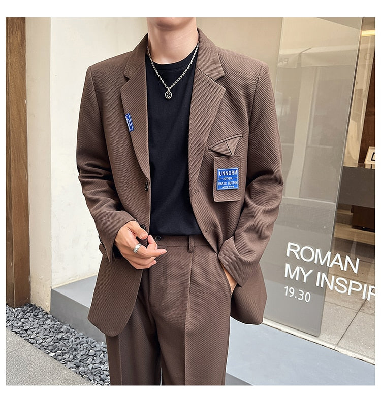 Bonsir Mens Suits Sets Jacket Pant Men Korean Streetwear Office Fashion Loose Casual Blazer Suit Jacket Pant Chic Trend Dress Suits