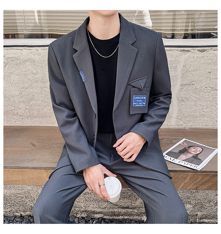 Bonsir Mens Suits Sets Jacket Pant Men Korean Streetwear Office Fashion Loose Casual Blazer Suit Jacket Pant Chic Trend Dress Suits