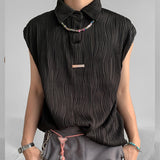 Bonsir Summer Fashion Wave Striped Ribbed Lapel Tank Tops Mens Streetwear Vintage Solid Color Loose Sleeveless Button Vest Men Camisole