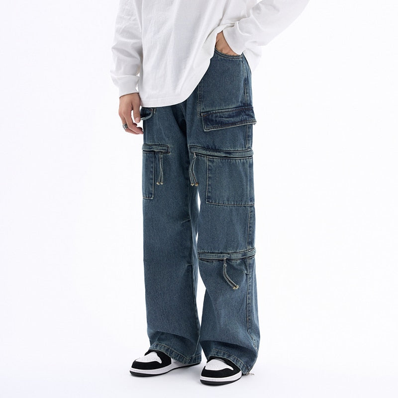 Men Baggy Jeans Wide Leg Denim Pants Vintage Hip Hop Style Loose Trousers  Blue Plus Size