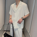 Bonsir Summer Sets Men Fashion Double Breasted Short Sleeve Shirt/Trousers Two Piece Set Men Korean Loose Ice Silk Sets Mens Formal Set