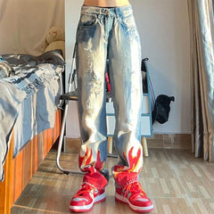 Bonsir  autumn and winter new flame print hole washed swag size jeans hip hop high street style trousers for men and women jeans